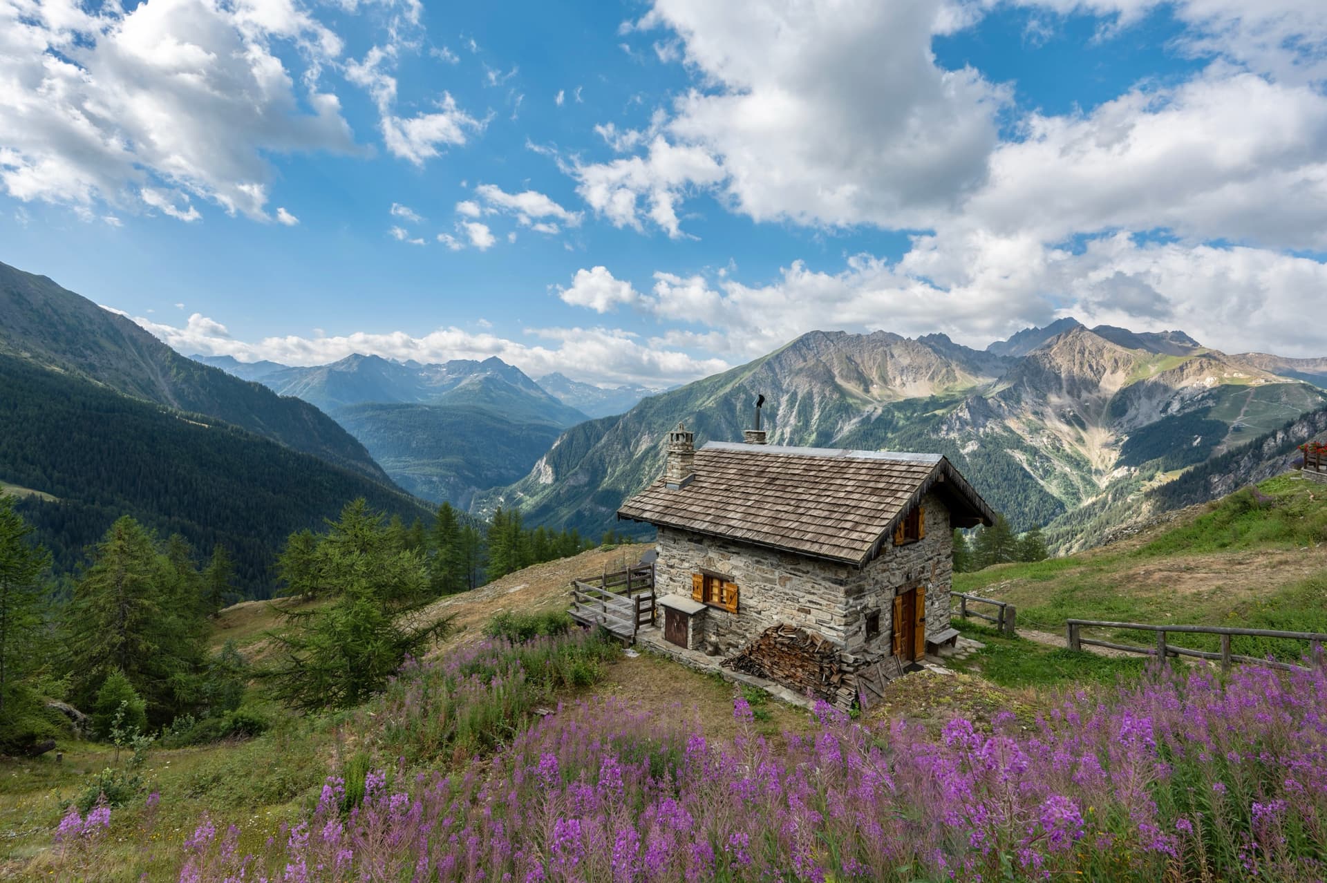Stone chalet surrounded by pink fireweed flowers in an alpine mountain valley landscape