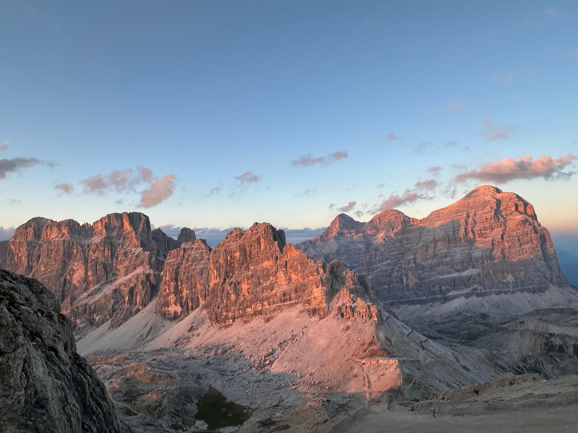 Alpenglow on the Dolomite mountains at sunset