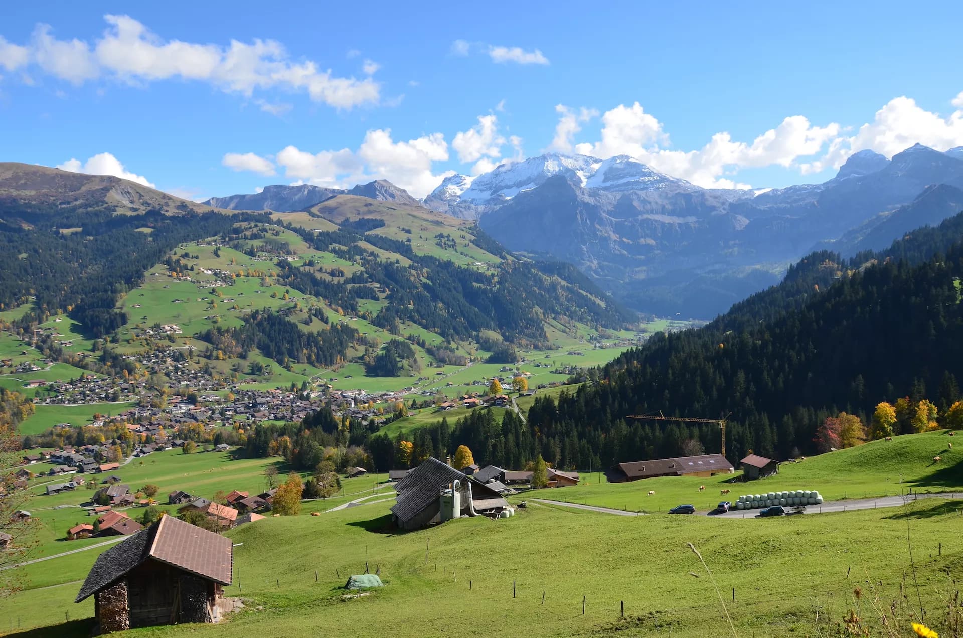 Alpine village of Lenk nestled in green valley with snow-capped mountains under blue sky.