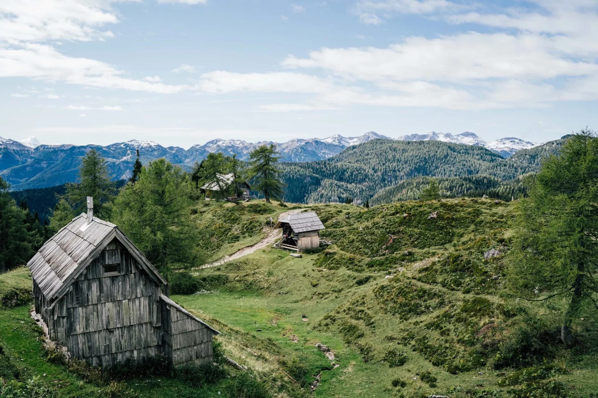 Wooden mountain huts on grassy slopes with snow-capped peaks in the background, Planina Krstenica.