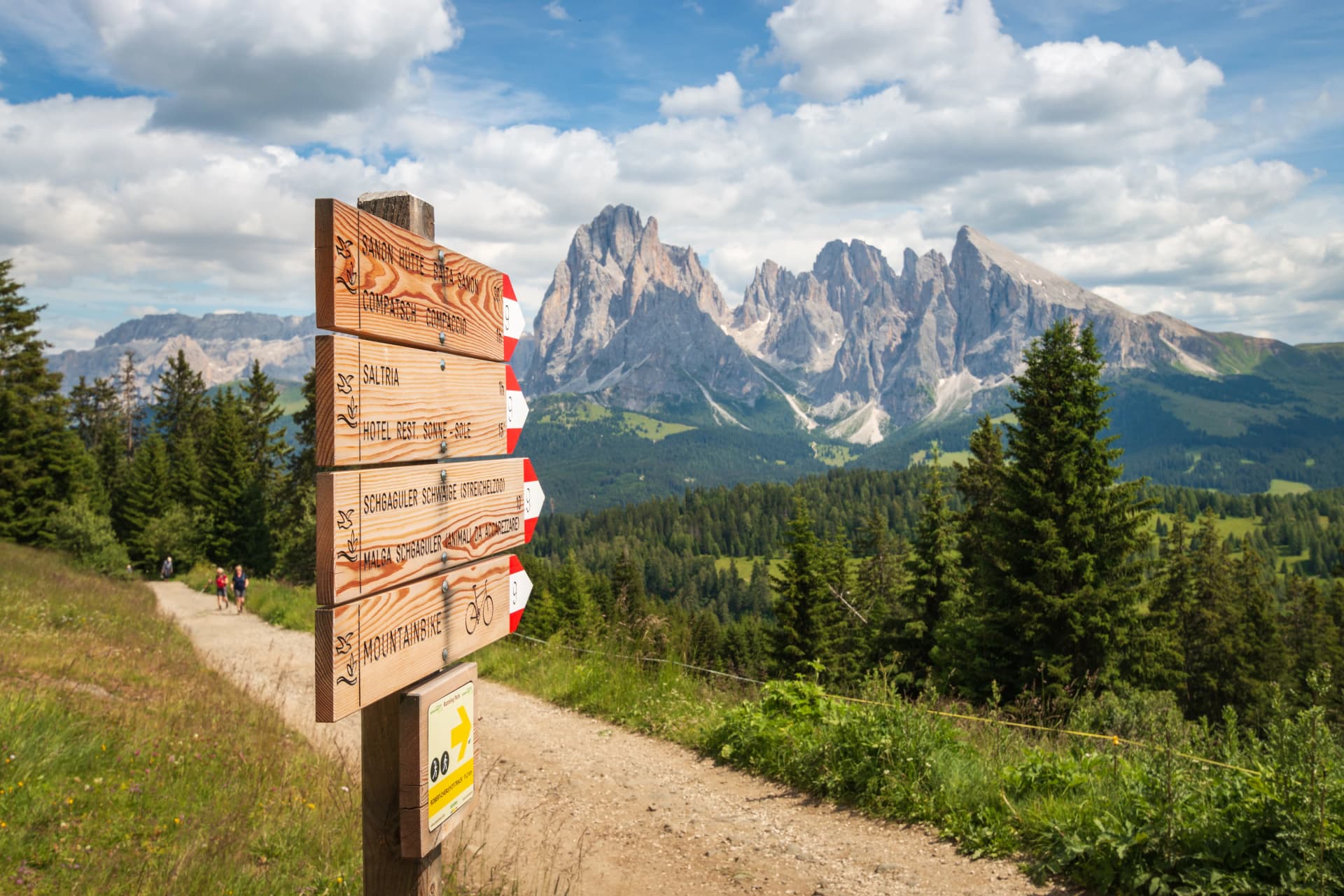 Signpost and landscape along hiking trail at Alpe di Siusi - Seiser Alm with Sassolungo - Langkofel mountain group in summer