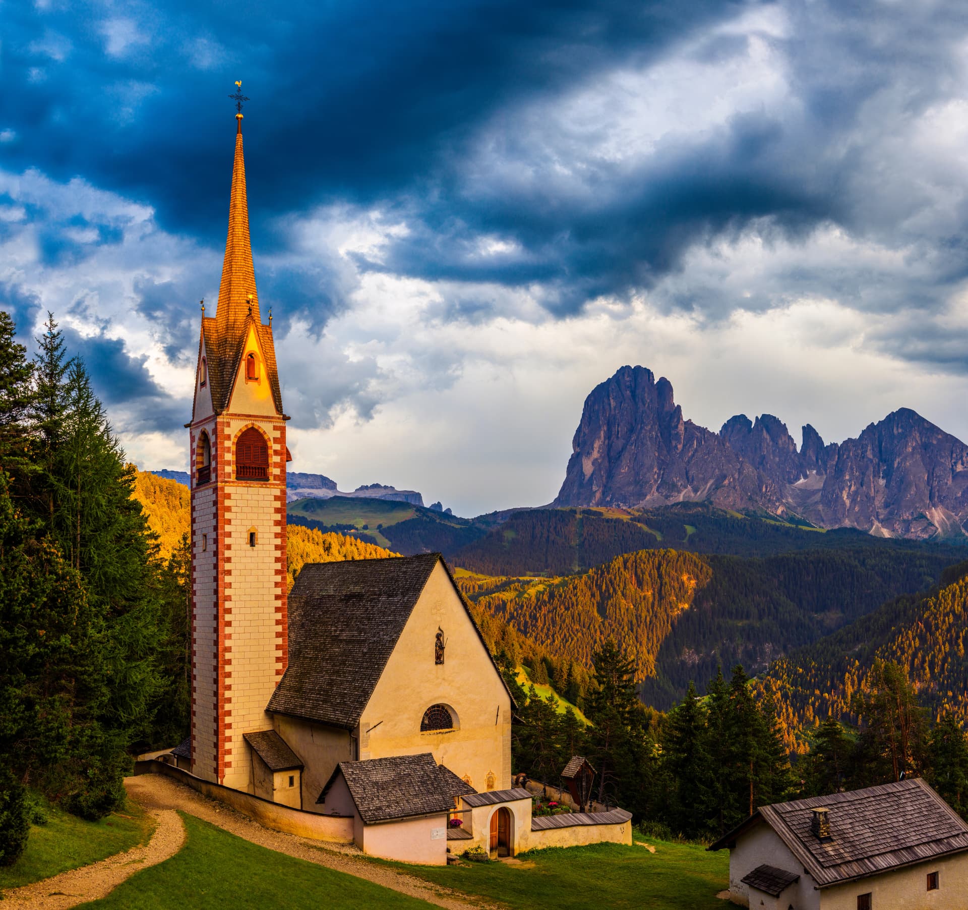 St. Jacob's Church At Sunset - The Jakobskirche, Ortisei in Val Gardena, Italy The Dolomites Mountains In Background, South Tyrol, Italy