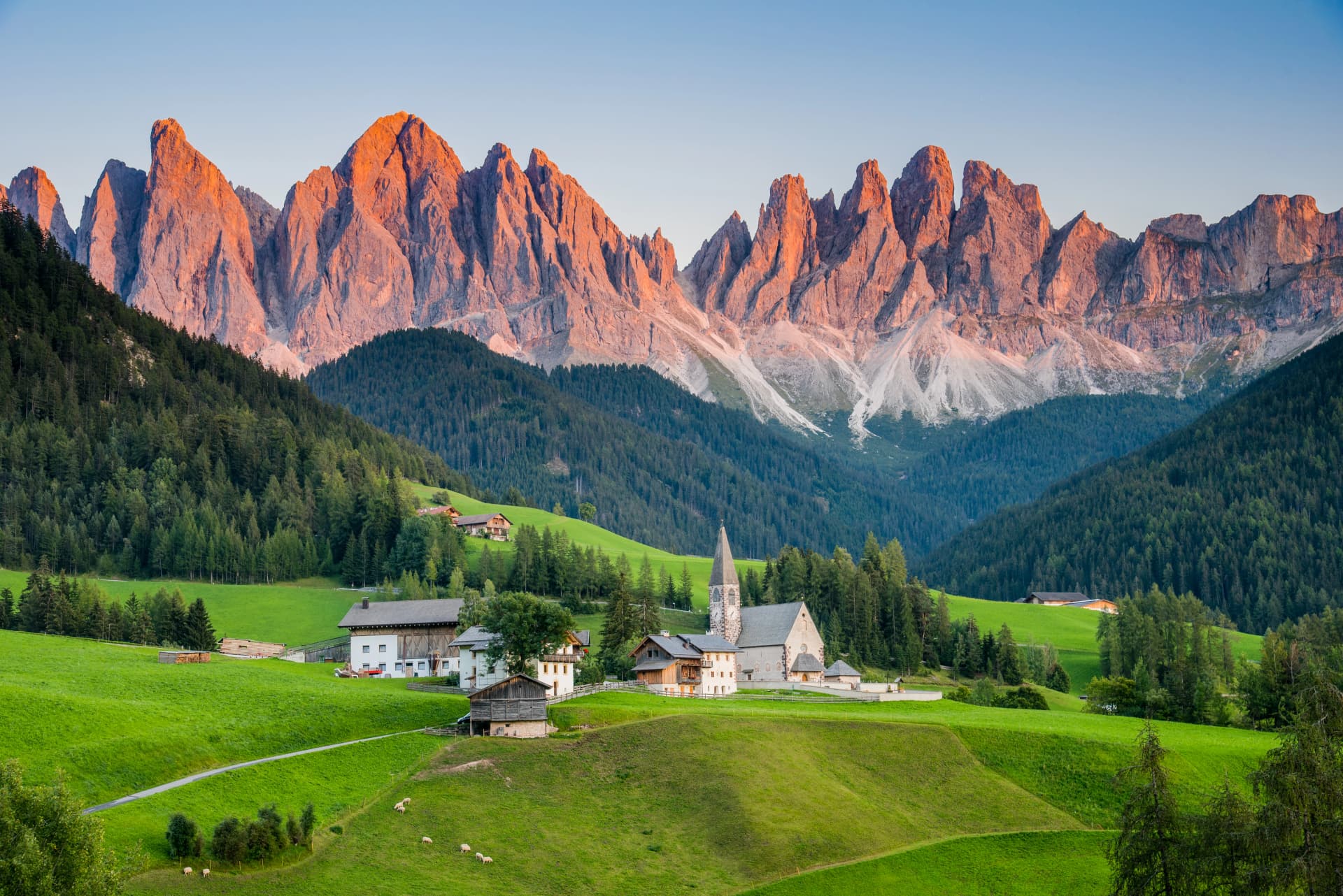 View of Val di Funes or Villnöß during sunset with Santa Magdalena church and Enrosadira or alpenglow effect on the Odle/Geisler massif, Val Gardena, Dolomites, South Tyrol, Italy
