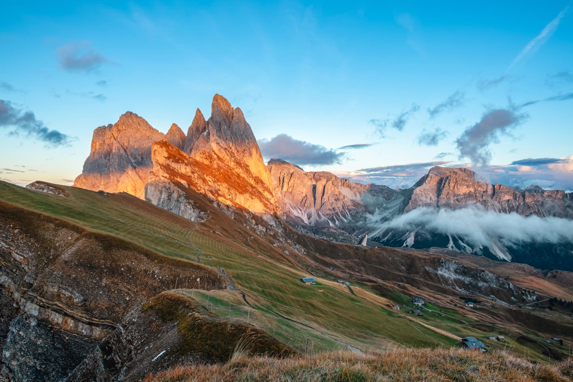 Beautiful Seceda Mountains and stunning views of the Odle Mountains and Dolomites mountains, Val Gardena, Trentino Alto Adige, South Tyrol