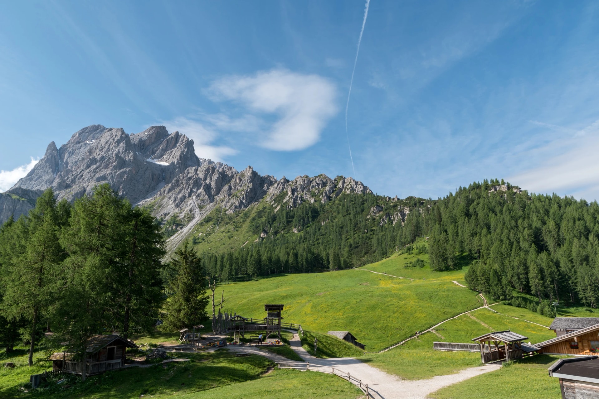 View to the beautiful mountain croda rossa with the rock formations of the of the Dolomites in Italy.