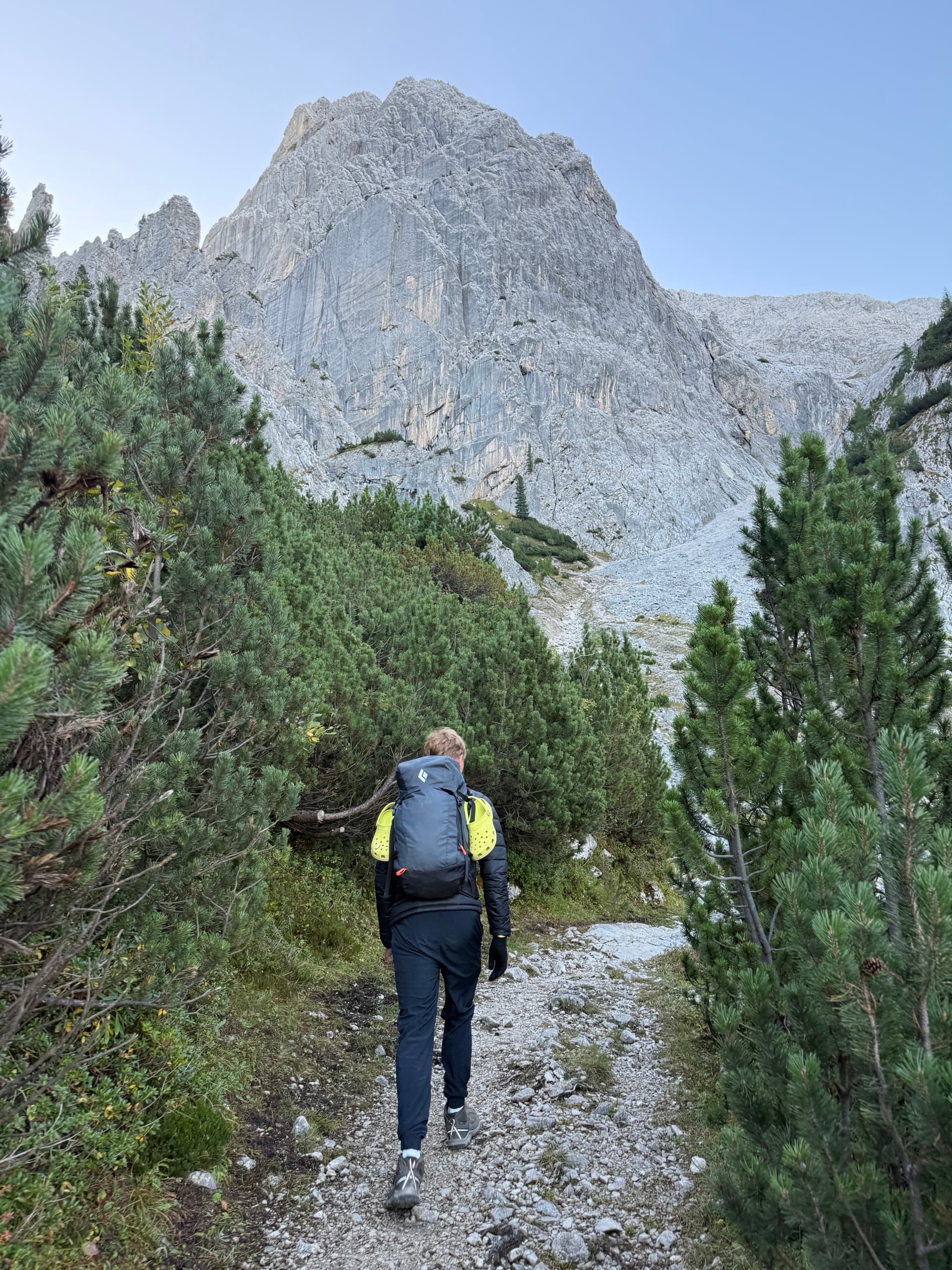 Hiker heading up a rocky mountain path surrounded by pine trees and limestone peak